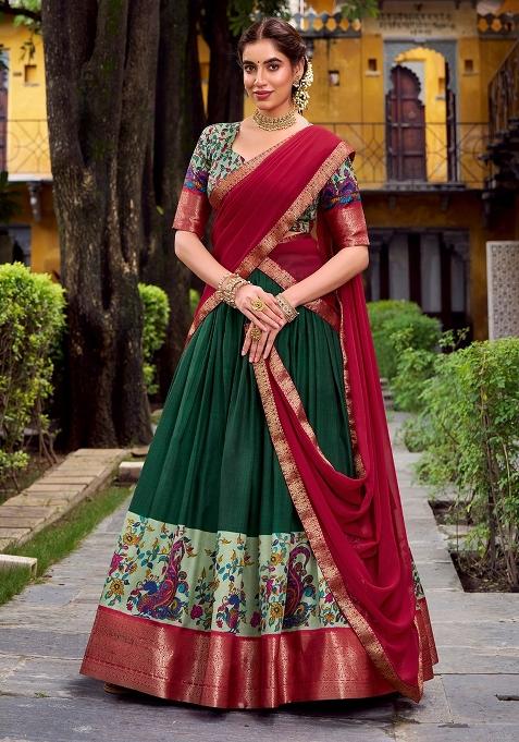 Green Zari Work Silk Lehenga Set