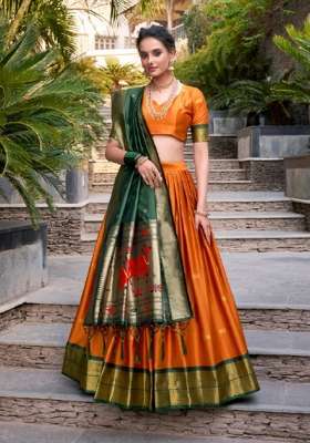Orange Zari Work Silk Lehenga Set for Diwali and Festive Wear