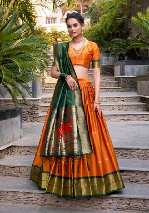 Orange Zari Work Silk Lehenga Set
