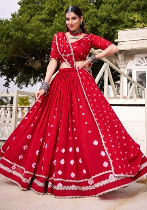 Red Lace Work Chanderi Lehenga Set