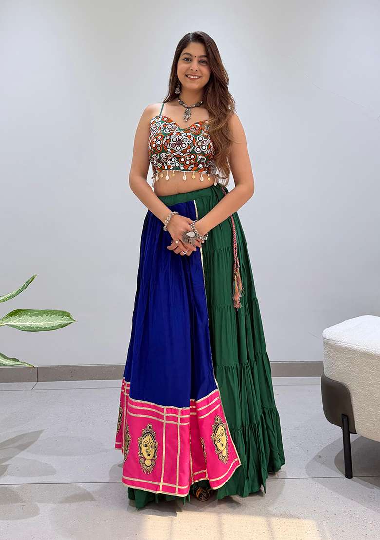 Blue Rayon Lehenga Set with Embroidery for Diwali | Wedding & Festive Wear - Indya
