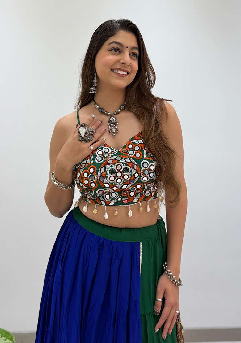 Blue Rayon Lehenga Set with Embroidery for Diwali | Wedding & Festive Wear - Indya