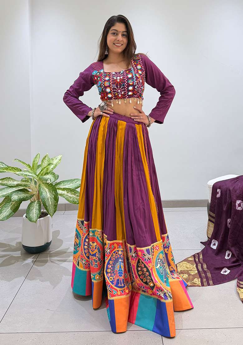 Wine Embroidery Rayon Lehenga Set for Diwali and Festive Wear - Indya