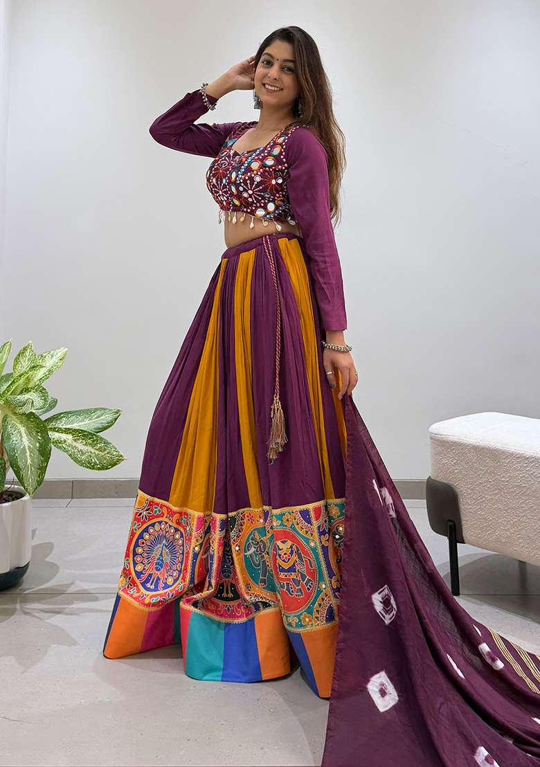 Wine Embroidery Rayon Lehenga Set for Diwali and Festive Wear - Indya