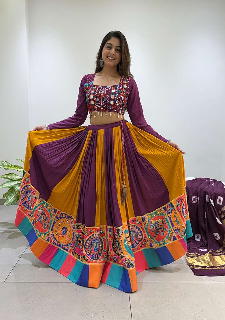 Wine Embroidery Rayon Lehenga Set for Diwali and Festive Wear - Indya