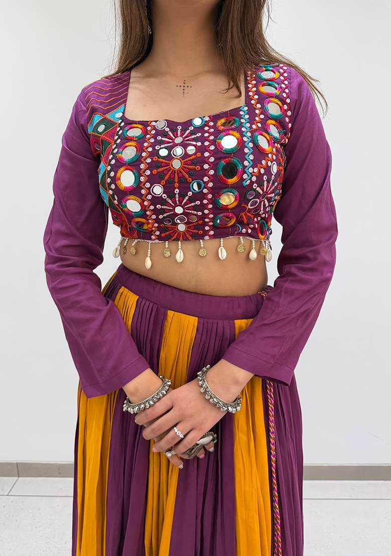 Wine Embroidery Rayon Lehenga Set for Diwali and Festive Wear - Indya