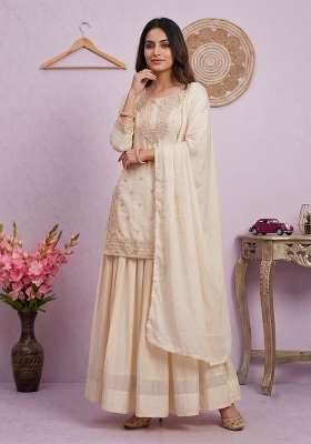Cream Embroidered Silk Blend Lehenga Set for Diwali and Festive Wear