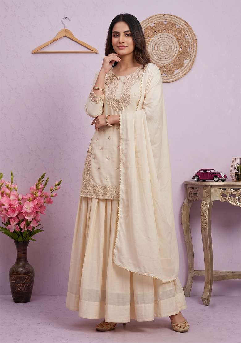 Cream Embroidered Silk Blend Lehenga Set for Diwali and Festive Wear - Indya