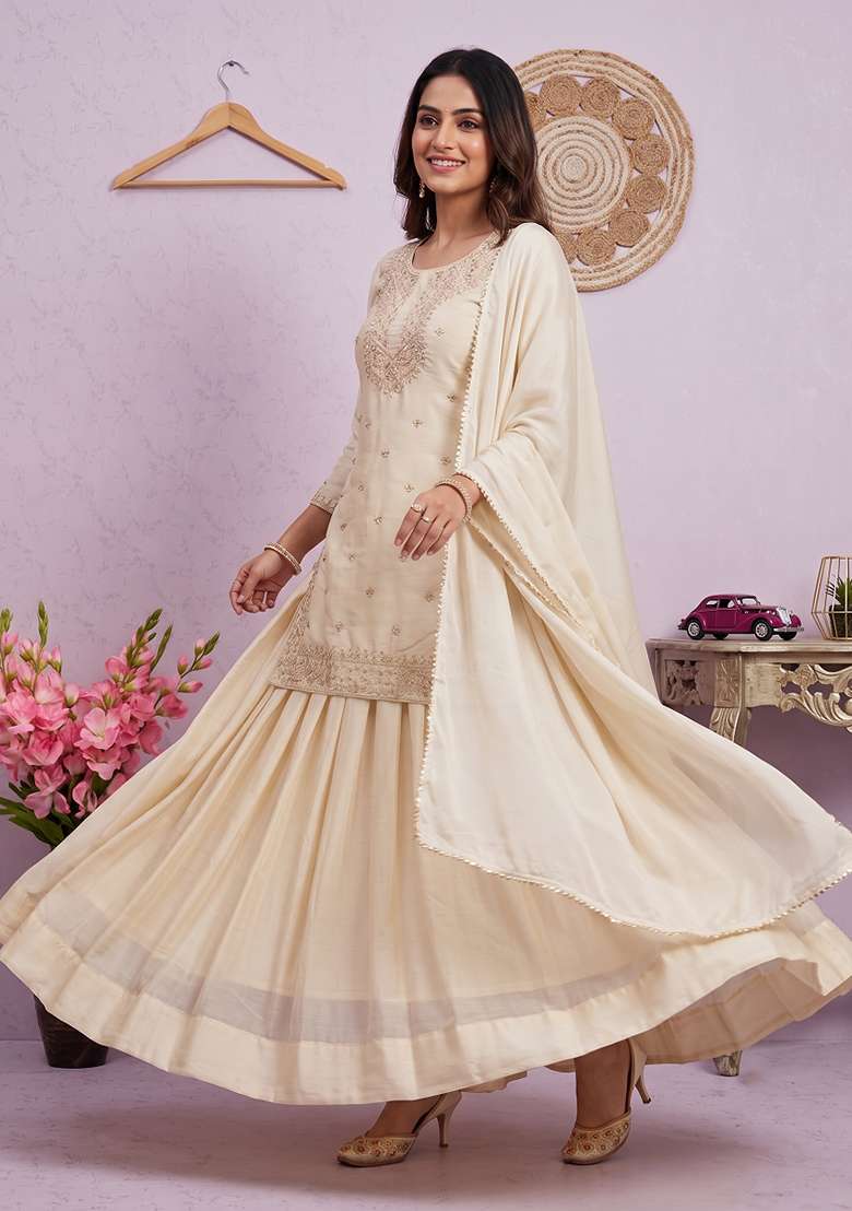 Cream Embroidered Silk Blend Lehenga Set for Diwali and Festive Wear - Indya