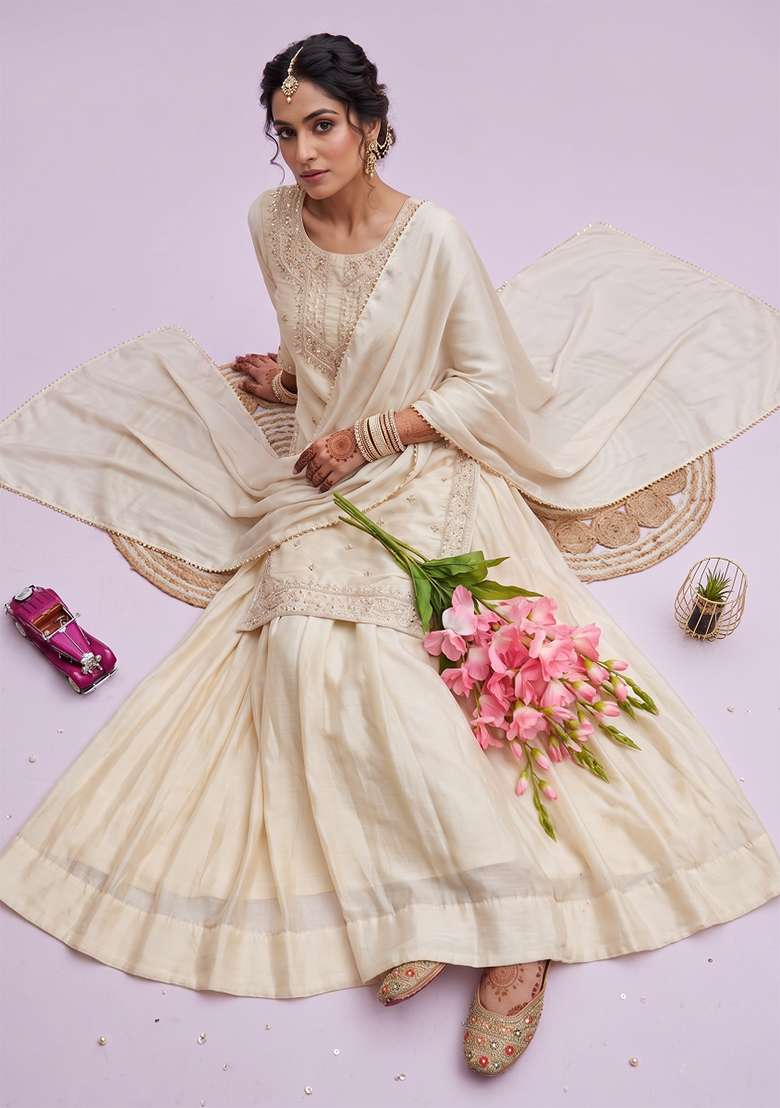 Cream Embroidered Silk Blend Lehenga Set for Diwali and Festive Wear - Indya