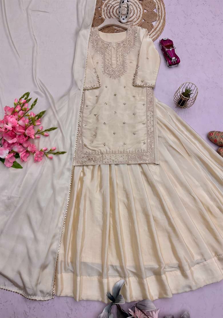 Cream Embroidered Silk Blend Lehenga Set for Diwali and Festive Wear - Indya