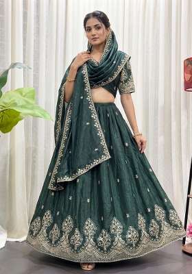 Green Silk Blend Lehenga Set with Embroidered for Diwali | Wedding & Festive Wear
