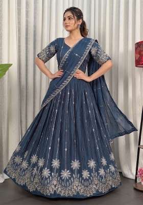 Dark Navy Blue Silk Blend Lehenga Set with Embroidered for Diwali | Wedding & Festive Wear
