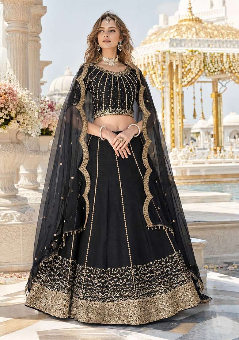 Black Embroidered Silk Blend Lehenga Set for Diwali and Festive Wear - Indya