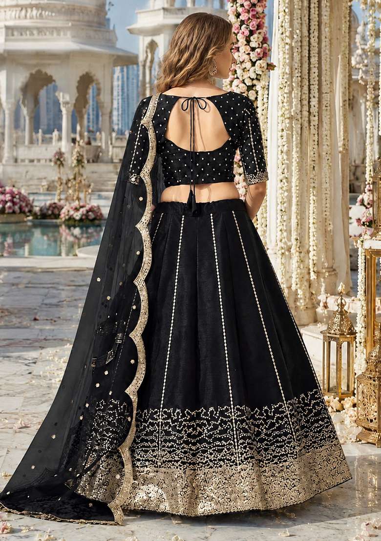 Black Embroidered Silk Blend Lehenga Set for Diwali and Festive Wear - Indya