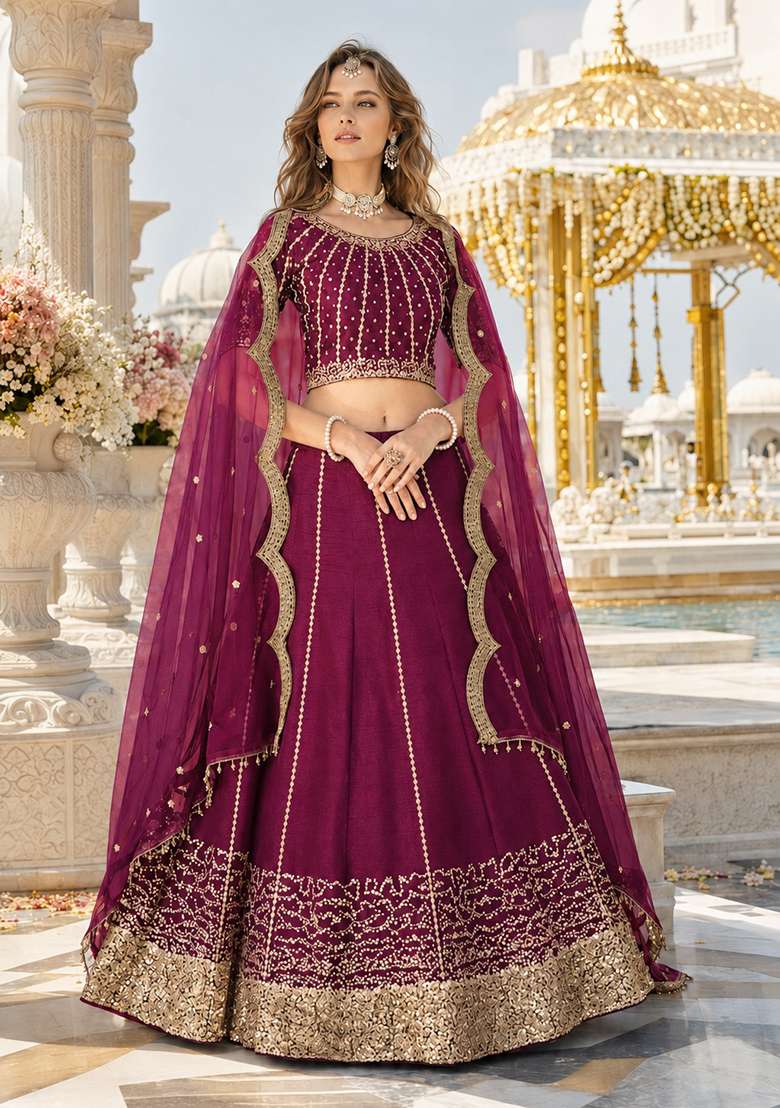 Wine Embroidered Silk Blend Lehenga Set for Diwali and Festive Wear - Indya
