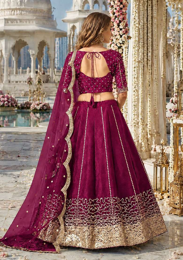 Wine Embroidered Silk Blend Lehenga Set for Diwali and Festive Wear - Indya
