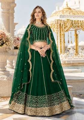 Emerald Green Embroidered Silk Blend Lehenga Set for Diwali and Festive Wear