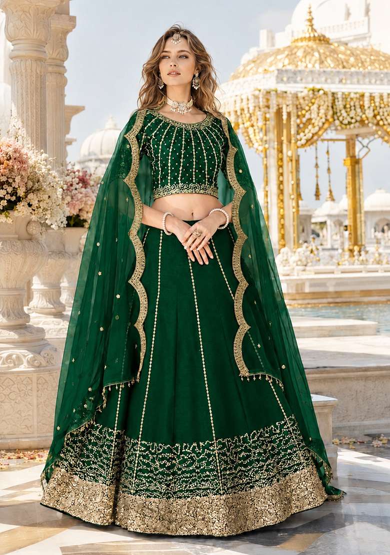 Emerald Green Embroidered Silk Blend Lehenga Set for Diwali and Festive Wear - Indya