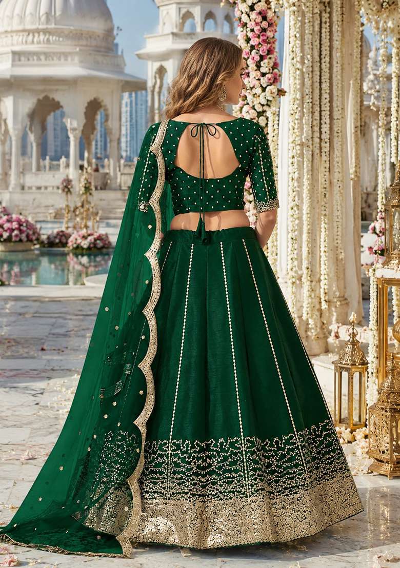 Emerald Green Embroidered Silk Blend Lehenga Set for Diwali and Festive Wear - Indya