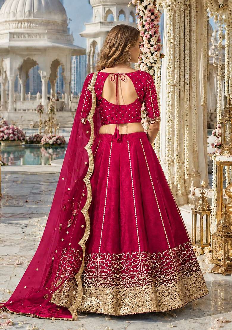 Magenta Silk Blend Lehenga Set with Embroidered for Diwali | Wedding & Festive Wear - Indya