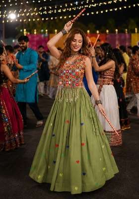 Green Cotton Lehenga Set with Embroidered for Diwali | Wedding & Festive Wear