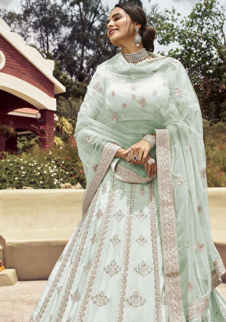 Turquoise Blue Embroidered Poly Crepe Lehenga Set - Indya