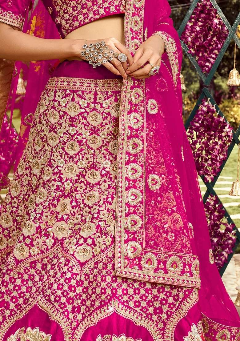 Pink Embroidered Silk Blend Lehenga Set - Indya
