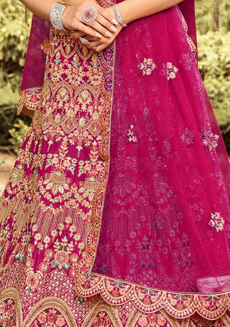 Pink Embroidered Silk Blend Lehenga Set - Indya