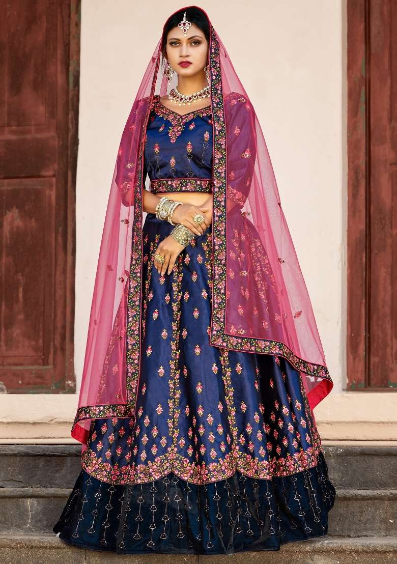 Navy Blue Embroidered Satin Lehenga Set - Indya
