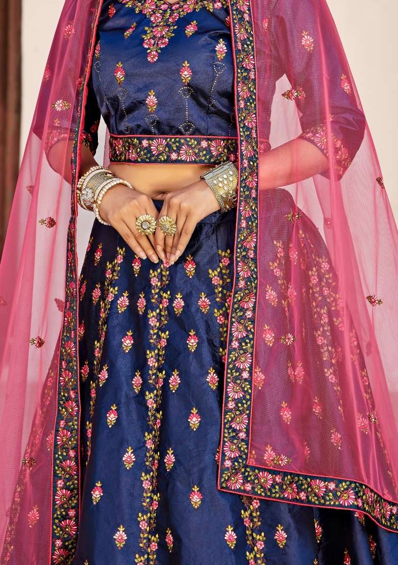 Navy Blue Embroidered Satin Lehenga Set - Indya