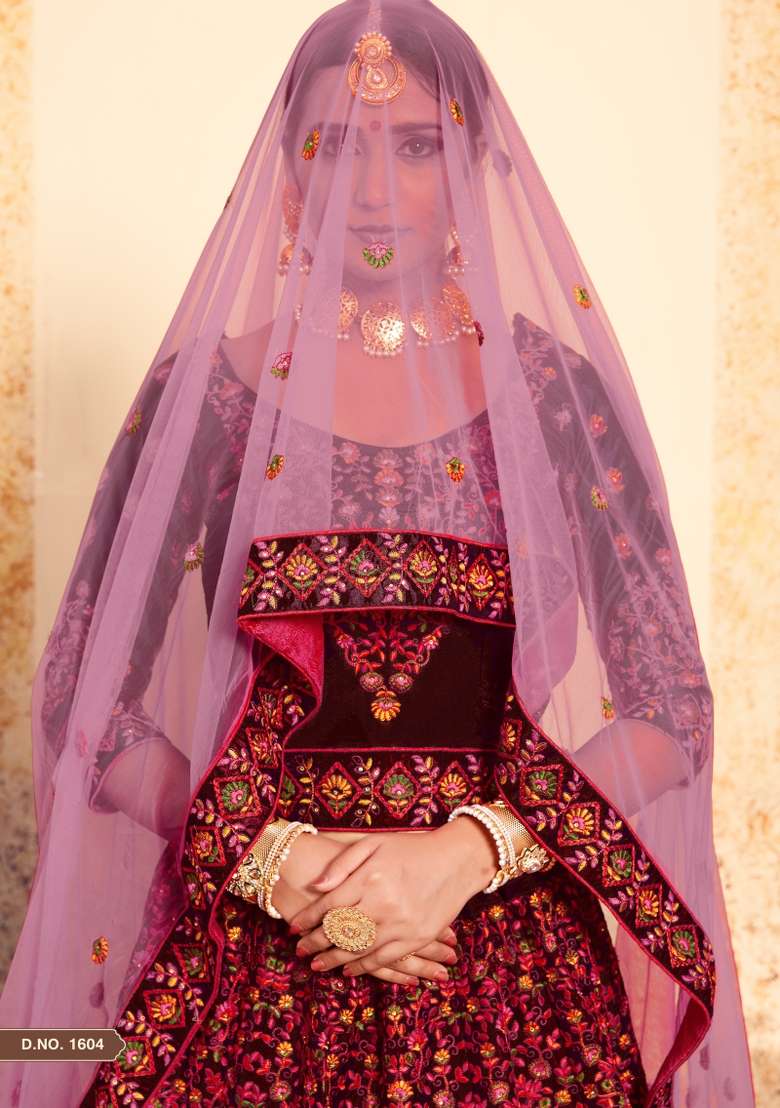 Maroon Embroidered Satin Lehenga Set - Indya