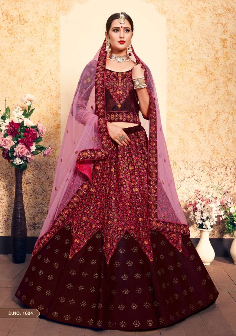 Maroon Embroidered Satin Lehenga Set - Indya