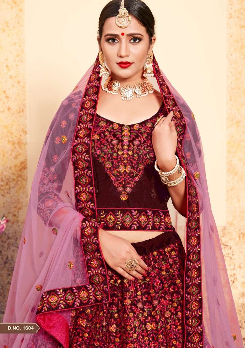 Maroon Embroidered Satin Lehenga Set - Indya