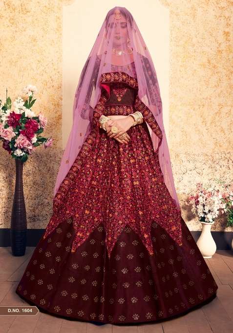 Maroon Embroidered Satin Lehenga Set