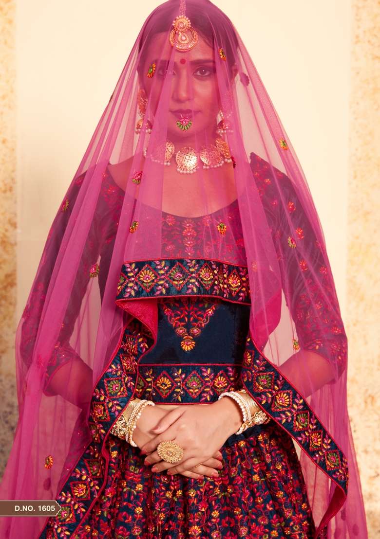 Navy Blue Embroidered Satin Lehenga Set - Indya