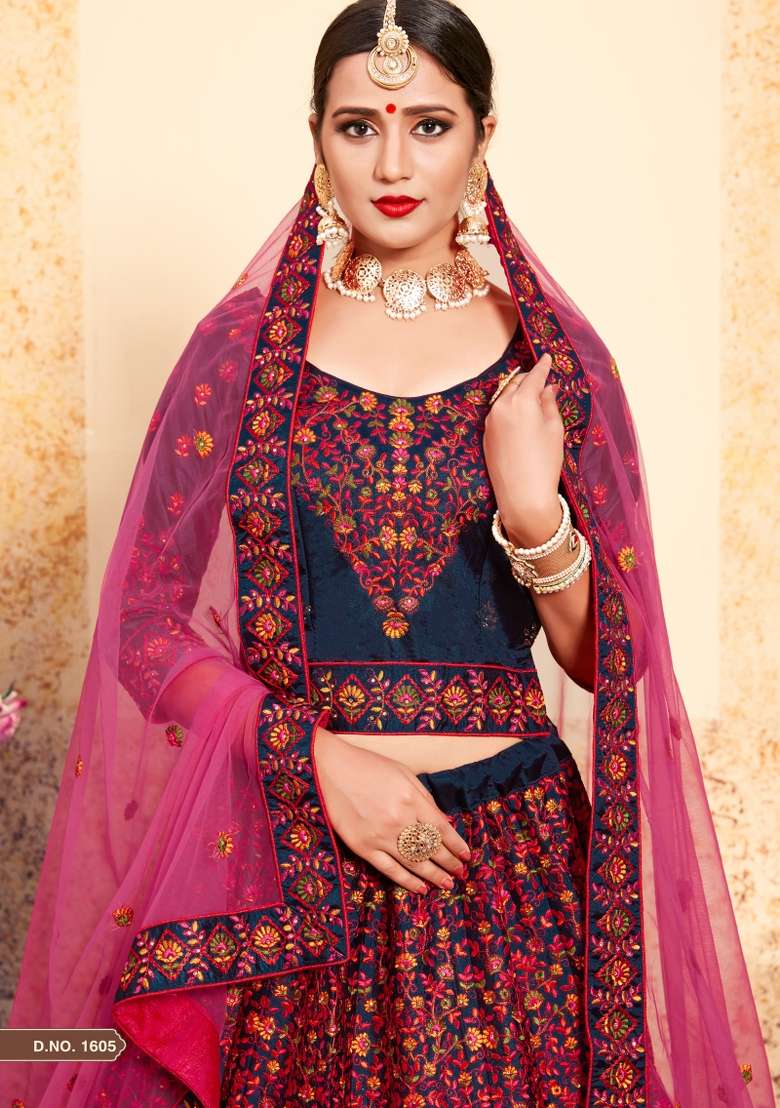 Navy Blue Embroidered Satin Lehenga Set - Indya