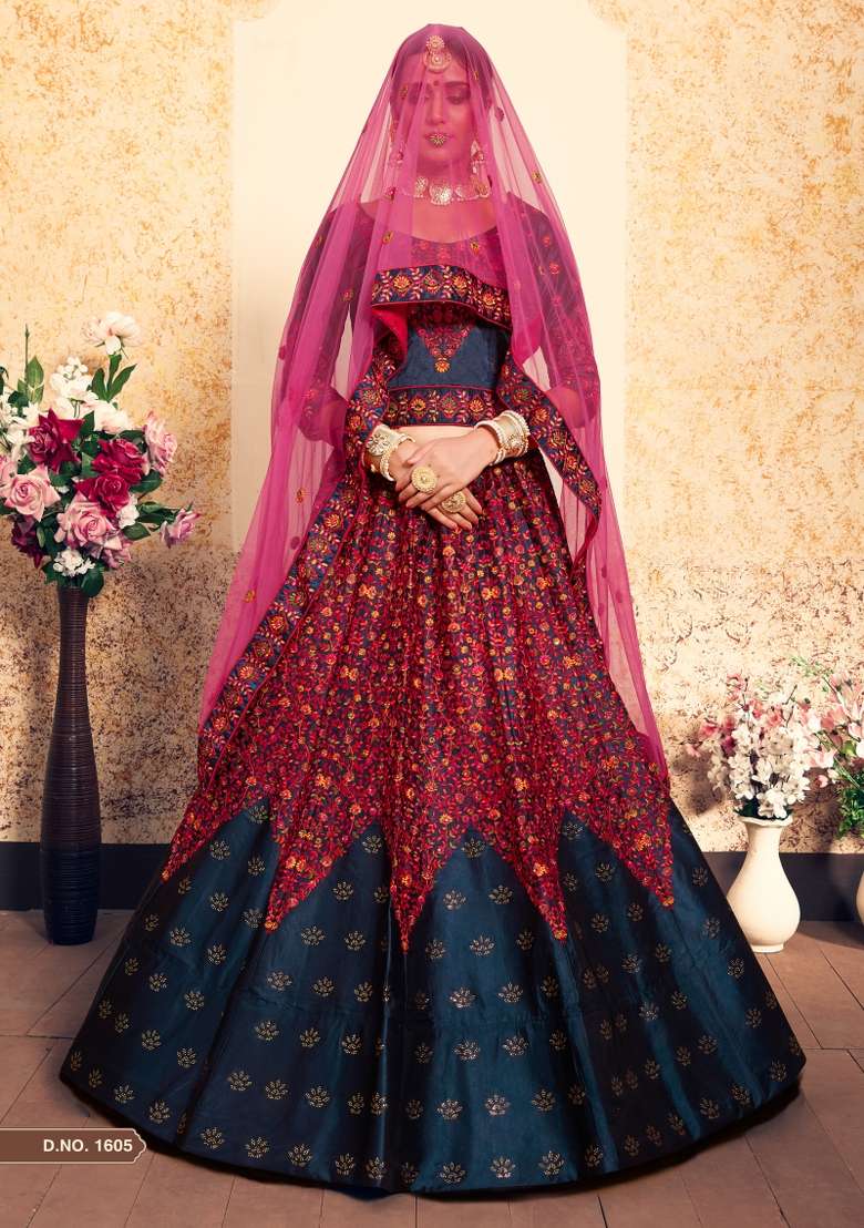 Navy Blue Embroidered Satin Lehenga Set - Indya