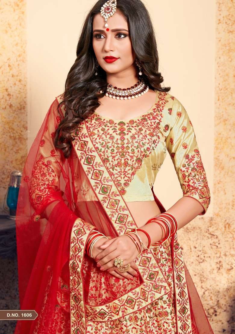 Beige Embroidered Satin Lehenga Set - Indya