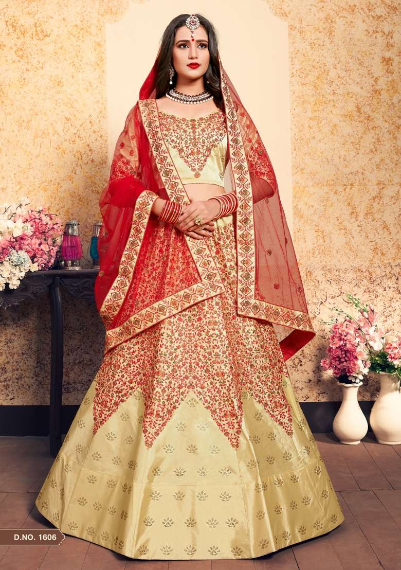Beige Embroidered Satin Lehenga Set - Indya