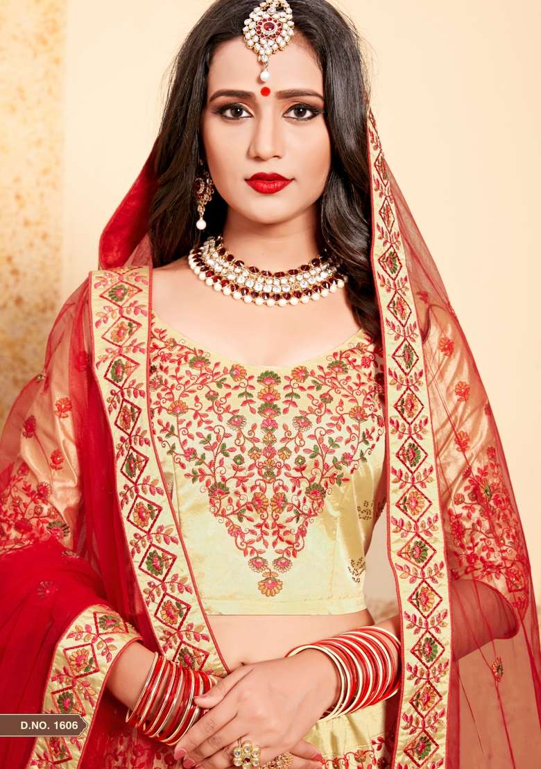 Beige Embroidered Satin Lehenga Set - Indya