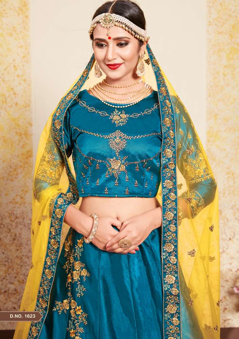 Blue Embroidered Satin Lehenga Set - Indya