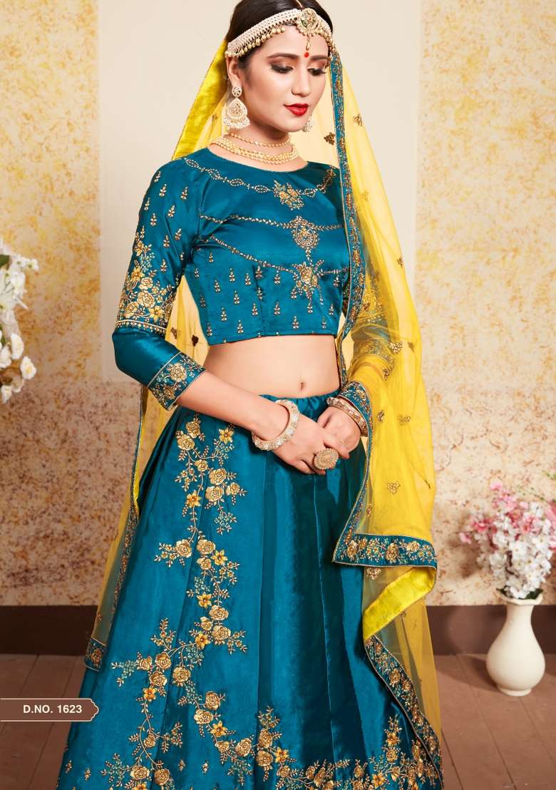Blue Embroidered Satin Lehenga Set - Indya