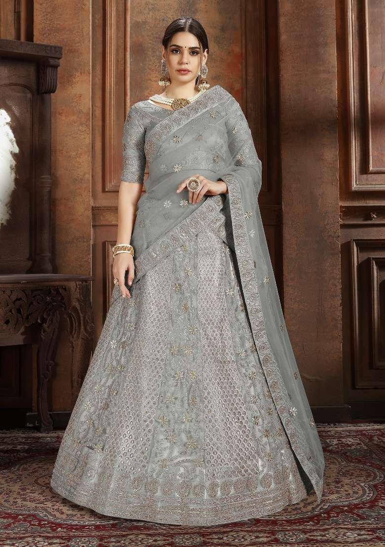 Grey Embroidered Net Lehenga Set - Indya