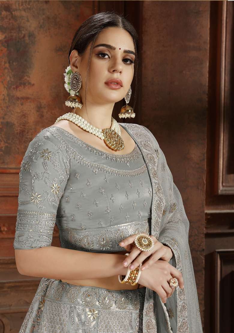 Grey Embroidered Net Lehenga Set - Indya