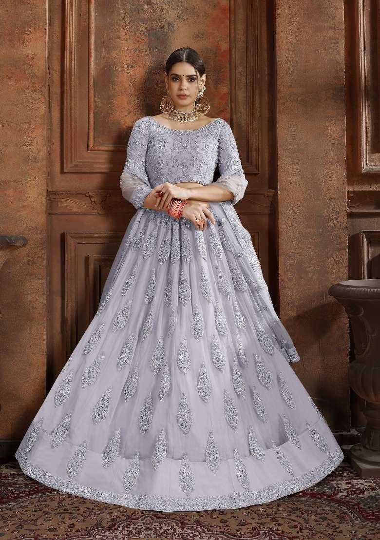 Grey Embroidered Net Lehenga Set - Indya