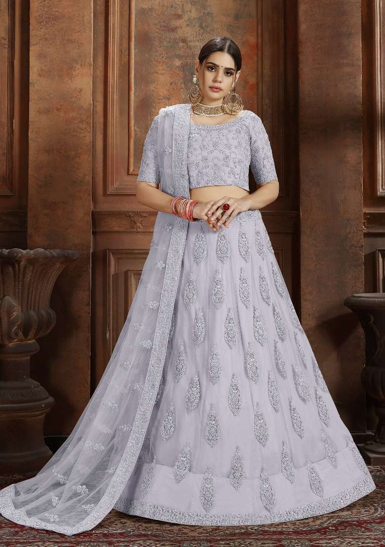 Grey Embroidered Net Lehenga Set - Indya