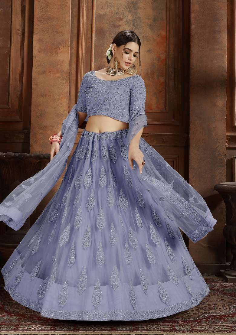 Blue Embroidered Net Lehenga Set - Indya