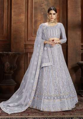 Grey Embroidered Net Lehenga Set