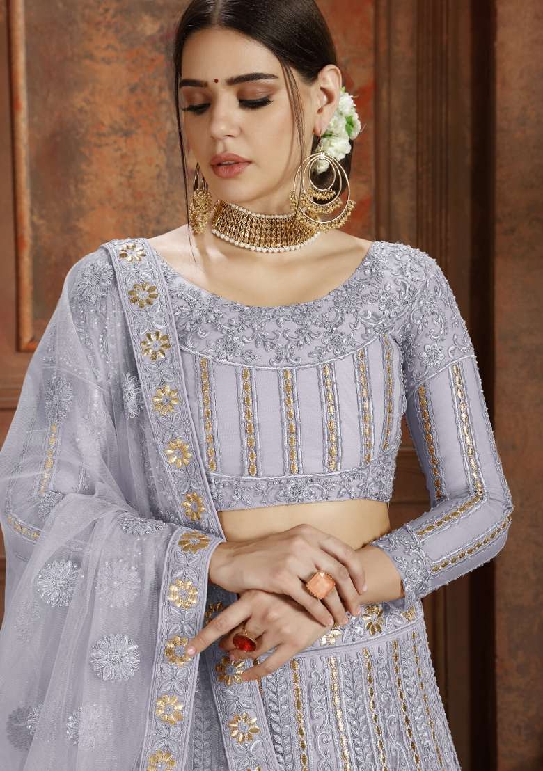 Grey Embroidered Net Lehenga Set - Indya